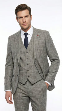 Vitali Brand Men’s Grey Textured Patterned 3 Piece Suit – Modern Fit Checkered Sharkskin with Blazer, Vest & Trousers, Business Wedding