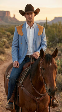 Men’s Sky Blue and Gold Western Cowboy Blazer – Classic Country Style Jacket, Vintage  in Steel blue Color
