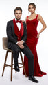 Men’s Black Paisley Tuxedo with Red Velvet Shawl Lapel – 3 Piece Wedding Prom Suit With Matching Bowtie