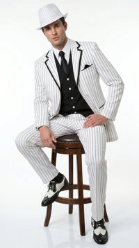 Men’s White Pinstripe 1920s Gangster 3 Piece Suit, Black Contrast Formal Costume Suit for Parties, Prom, Weddings, and Theme Events