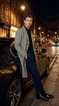 Men’s Grey Herringbone Long Overcoat – Tweed Black and White Pattern Wool Topcoat Three Qaurter