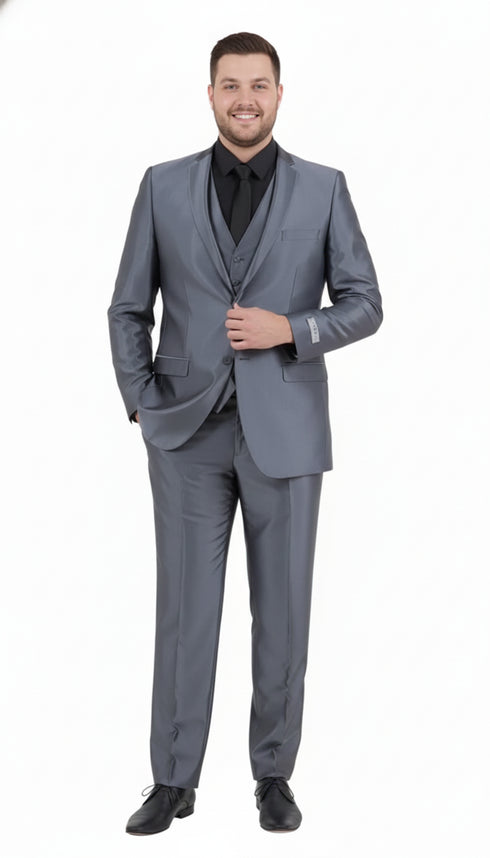 Men’s Dark Grey Shiny Two-Piece Suit – Slim Fitted Formal Jacket and Tailored Pants - Sateen Metalic in Charcoal Gray Color