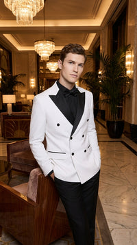 Men's White Double Breasted Tuxedo Dinner Jacket with Black Satin Peak Lapel – Formal Wedding Prom Blazer