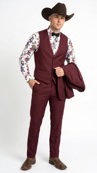 Men’s Burgundy Western Tuxedo Suit, 3 Piece Cowboy Formal Wedding Prom Suit with Satin Trim