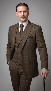 Men’s Edwardian Brown Plaid 3-Piece Suit – Vintage Double-Breasted Vest Wedding and Formal Suit