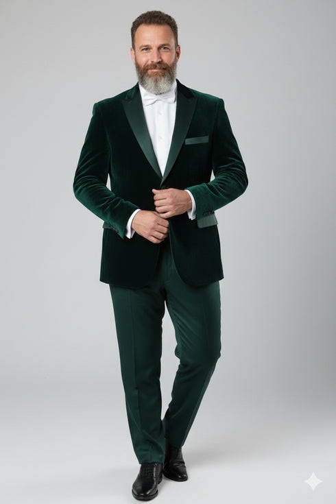 Men’s Dark Green Velvet Tuxedo Dinner Jacket – Slim Fit Formal Blazer with Satin Peak Lapel Lape