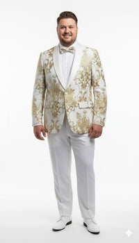 Mens White and Gold Floral Tuxedo Jacket with Satin Lapel – Luxury Prom, Wedding, and Formal Dinner Blazer