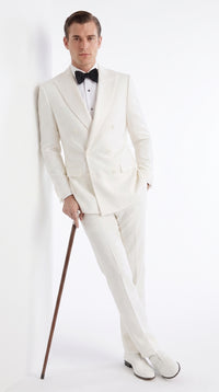 Men’s Ivory Double-Breasted Tuxedo – Vintage Wedding, Prom and Black-Tie Formal Suit off white cream