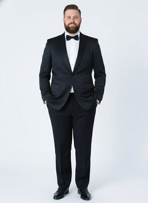 Men’s Black Textured Paisley floral Tuxedo Suit – Premium Slim Fit Formal Wedding, Prom, with Bowtie