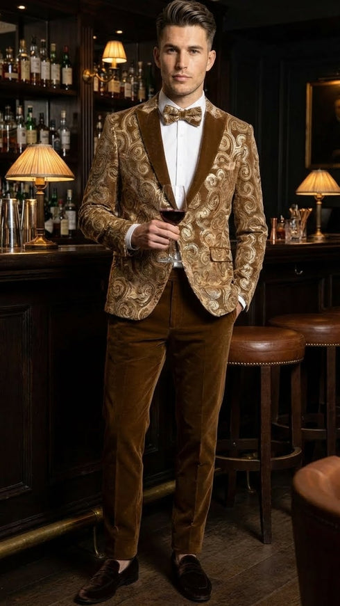 Men’s Goldish Light brown Tuxedo dinner Jacket Embroidered Blazer – Velvet Jacket for Formal Paisley Pattern Coffee Mocca Color