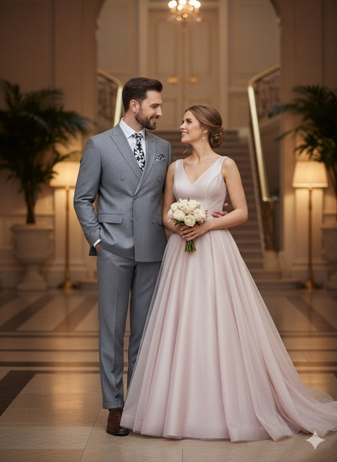 Mens Grey Tone on Tone Double-Breasted Suit – Classic Slim Fit 2 Piece Formal Business Gray Shadow Stripe