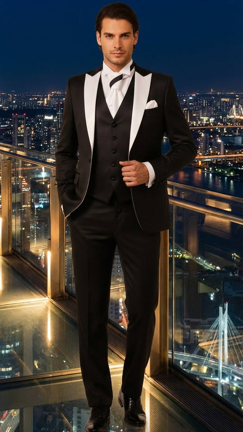 Men’s Black and White Lapel Prom Tuxedo Suit + Black Vest + Black Pants Peak Lapel