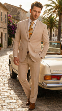 Vitali Men’s Natural Beige Pinstripe Suit – Summer Tan Pinstripe  Weddings and Business Wear