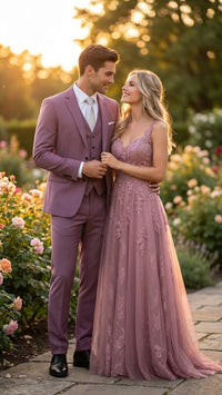 Men’s Mauve Three-Piece Suit – Slim Fit Formal Blazer, Vest, and Trousers for Weddings Rose Gold Pinkish Color