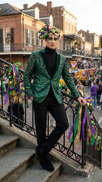 Mens Emerald Green Mardi Gras Blazer with Black Satin Lapel – Paisley Swirl Pattern Formal Party Jacket