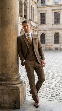 Men's Great Gatsby Brown Checker Plaid Texture 3-Piece Suit – Classic Fit Business, Wedding & Formal Suit Set - Victorian style 1920s