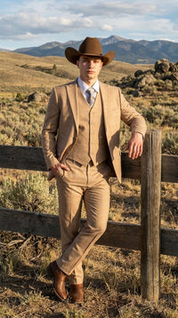 Men’s Khaki Tan Plaid Western Cowboy 3-Piece Suit – Texture Plaid windowpane Blazer, Vest & Pants