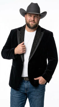 Men’s Black Velvet Western Blazer – Rhinestone Formal Cowboy Sport Jacket Removable Rhinestone Glitter Lapel