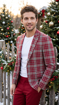 Men's Red Tartan Plaid Blazer Checkered Sport Coat Holiday New Year Gray Windowpane