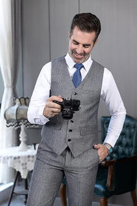 Mens Vintage Tweed Dress Pants Slacks Trousers Regular Fit Suit Pants in Grey