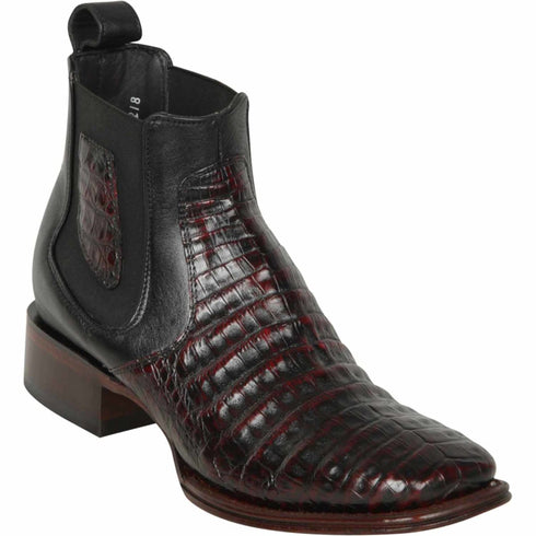 Short Square Toe Caiman Boots Black Cherry - Los Altos Boots