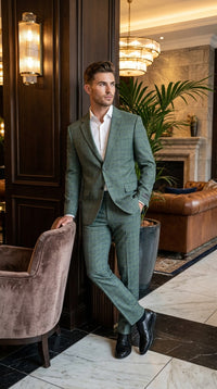 Men’s Tartan olive Green with blue checker Windowpane 2-Piece Suit – Modern Fit Plaid, Business and Formal Suit english styl