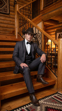 Charcoal Gray Western Tuxedo for Men | Classic Three Piece Formal Wedding and Evening Cowboy Tuxedo Suit With Trim Peak Lapel