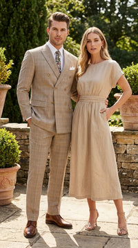 Vinci Men’s Beige Plaid Double Breasted Suit – Classic Checkered Formal Suit Set in Tan Color Windowpane Checkered Pattern