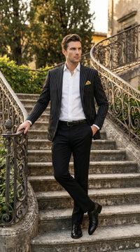 Men’s Black Pinstripe Blazer – Classic Tailored Formal Jacket for Business, Office and Evening Wear