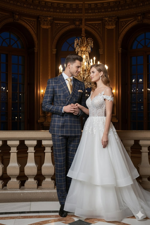 Men’s Navy and Tan Windowpane Double-Breasted Suit | Classic 2-Piece Plaid Dress Suit, Business, and Formal Events By Rossiman