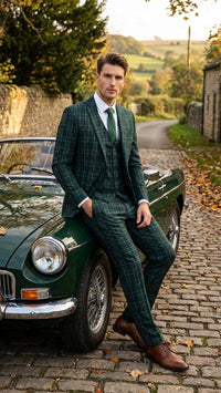 Men's Dark Green Plaid 3 Piece Suit – Checkered Suit Set for Wedding, Windowpane Tartan Fabric - Ultra Slim Fit