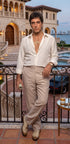 Tony Montana’s White Linen Shirt and Tan Pants – Men’s White Formal Shirt with Tan Trousers for Party, Wedding and Vintage Style Outfit