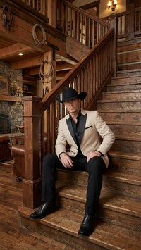 Men's Light Tan and Black Lapel Western Tuxedo Suit Set Wedding Party Cowboy Dress Tuxedo Black Pants