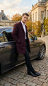 Men’s Burgundy Mid-Length Overcoat – Classic Fit Wool Blend Dress Coat Three Quarter Carcoat Topcoat