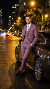 Men’s Mauve Three-Piece Suit – Slim Fit Formal Blazer, Vest, and Trousers for Weddings Rose Gold Pinkish Color