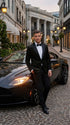 Men’s Black Velvet Dinner Jacket Blazer with Satin Lapel – Formal Evening Tuxedo Style Jacket Polk Dots Pattern + Free bowtie