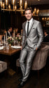 Men’s Silver Sharkskin Tuxedo Suit with Black Piping – Shiny Two Button Formal Suit for Wedding, Prom and Party Wear