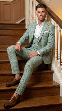 Mint Green Plaid Three Piece Suit for Men | Classic Checkered Formal Suit with Jacket Vest and Pants By Rossiman