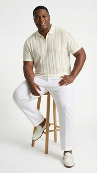 Mens Cream Ivory Off White Knit Walking Suit Set – Lightweight Short Sleeve Shirt and Pants Outfit for Summer, Vacation and Casual Wear