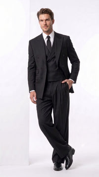 Tiglio Rosso Men’s Black Super 150’s Italian Wool 3-Piece Suit – Double-Breasted Jacket, Vest and Wide-Leg Pleated Pants