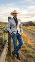 Mens Shiny Silver Cowboy Blazer – Western Style Satin Finish Blazer for Party, Country Events and Evening Wear
