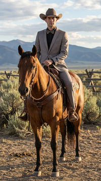 Men’s Light Taupe Western Tuxedo Suit – Cowboy Style Formal Blazer and Pants Outfit in Khaki Tan Light Brown Color