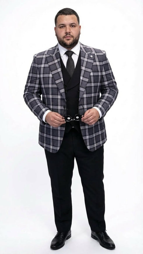 Men’s Big and Tall Charcoal Gray and Black Plaid Blazer – Grey Checker Windowpane Sport Coat