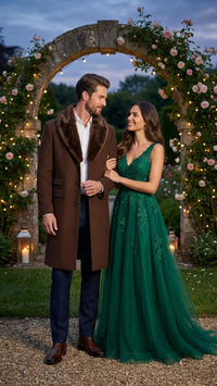 Men’s Brown Long Overcoat with Faux Fur Collar – Classic Winter Formal Coat Three Quarter Carcoat Wool and Cashmere Fabric