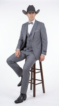 Men's Medium Grey Western 3-Piece Tuxedo Suit with Vest – Cowboy Style Formal Country Outfit