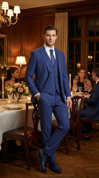 Men’s Cobalt Blue 3 Piece Suit – Indigo Light Blue Pinstripe Formal Suit with Vest for Wedding, Business Modern Fit Two buttons