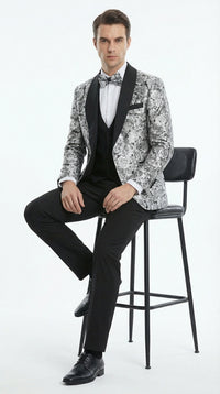 Mens Black and Silver Floral Tuxedo – Luxury Patterned Wedding, Prom and Formal Dinner Tuxedo