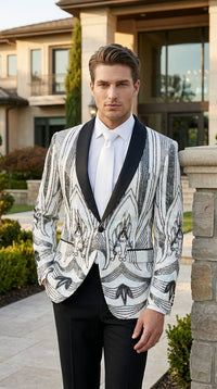 Men’s White and Black Patterned Tuxedo Blazer – Luxury Designer Dinner Jacket for Wedding, Prom and Formal Events New Year Christmas Holiday