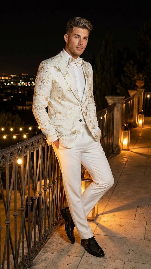 Men’s White and Gold Patterned Blazer – Paisley Floral Pattern Prom Wedding Suit Tuxedo Dinner Jacket + Bowtie