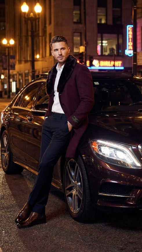 Men’s Burgundy Three Quarter Coat with Faux Fur Collar Overcoat – Luxury Winter Outerwear Three Quarter Carcoat Topcoat